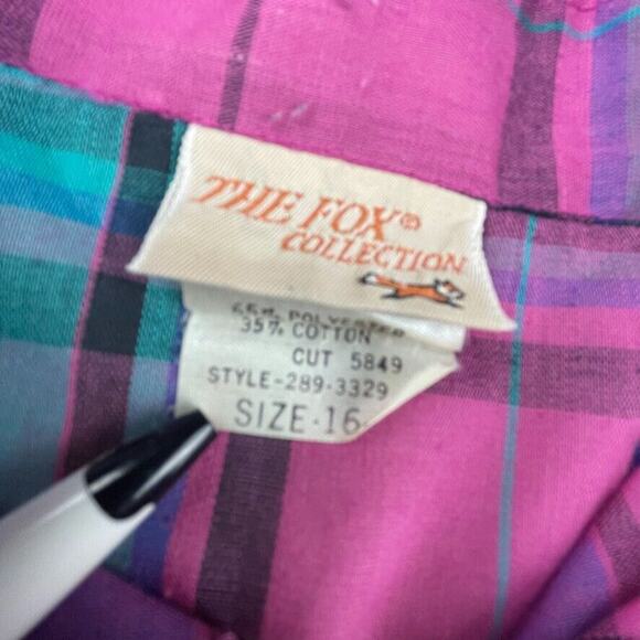 Vintage 1970s women's plaid shirt button henley 3/4 sleeve The Fox Collection - Picture 3 of 3